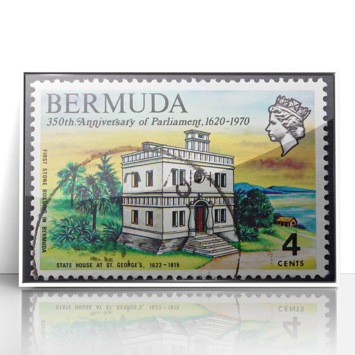 Mid-century modernist art of Caribbean Bermuda scenery in pastel shades, framed acrylic, ideal for nursery wall art.