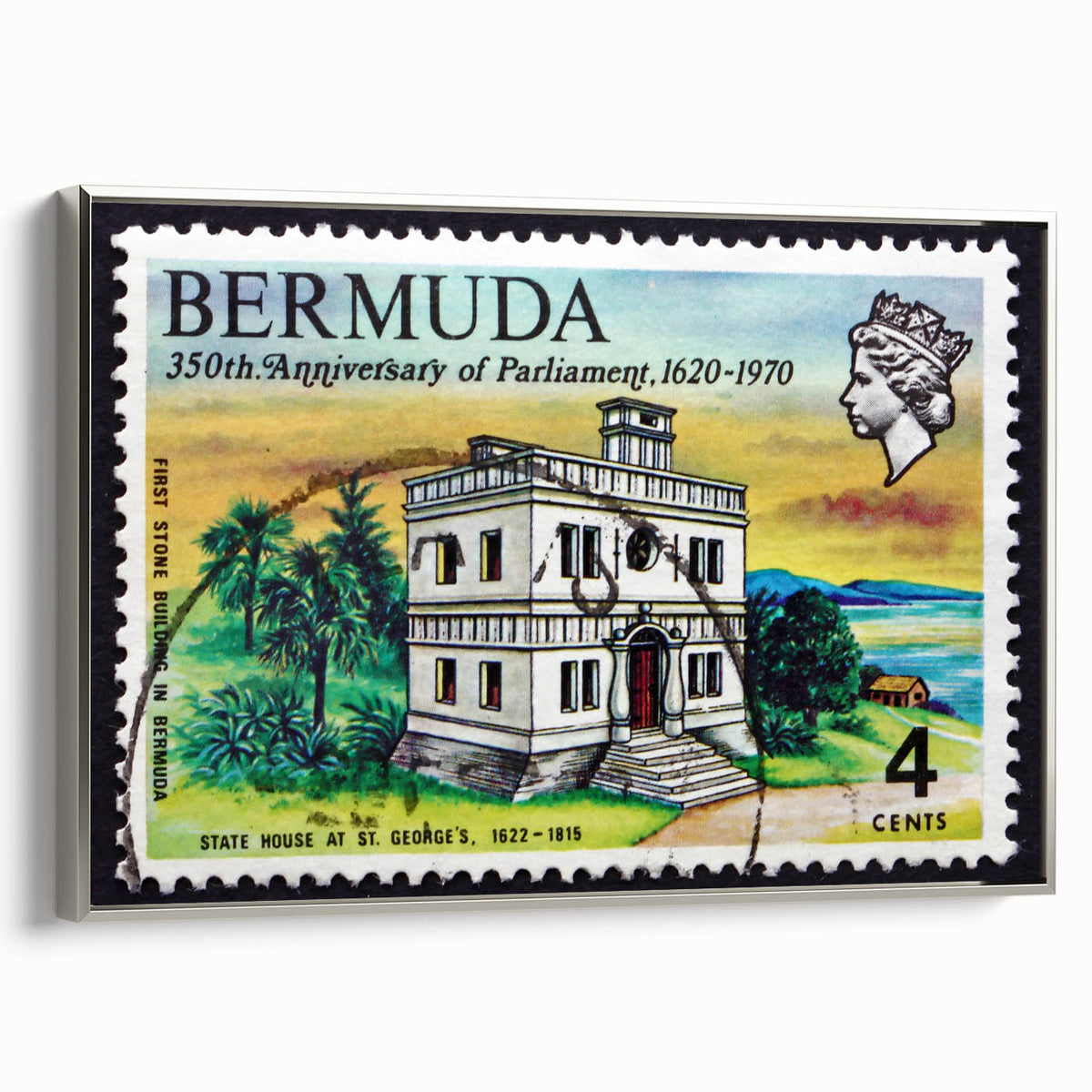 Framed canvas featuring a vintage Caribbean landscape with vibrant, colorful art and black accents.