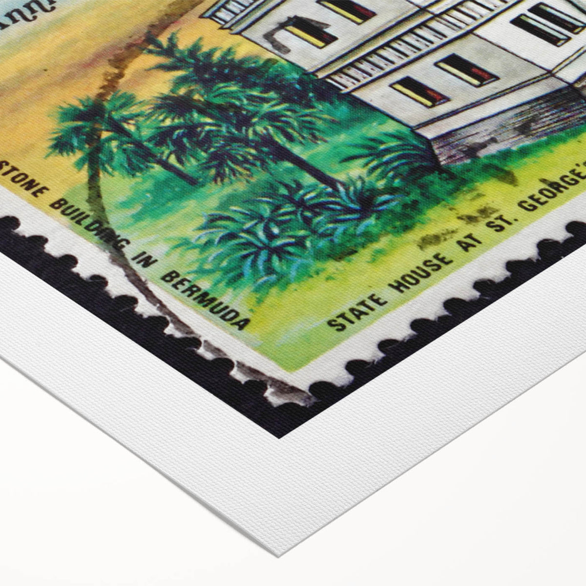 Art deco poster of Caribbean Bermuda scenery in soft pastel colors on rolled canvas, suitable for dining room wall art.