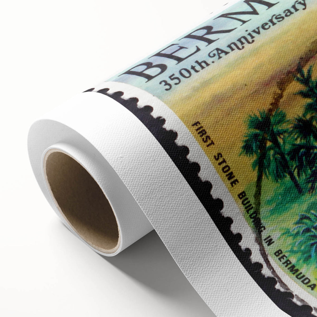 Art deco poster of a serene Caribbean scene in soft blue and green hues on rolled canvas, ideal for nursery wall art.