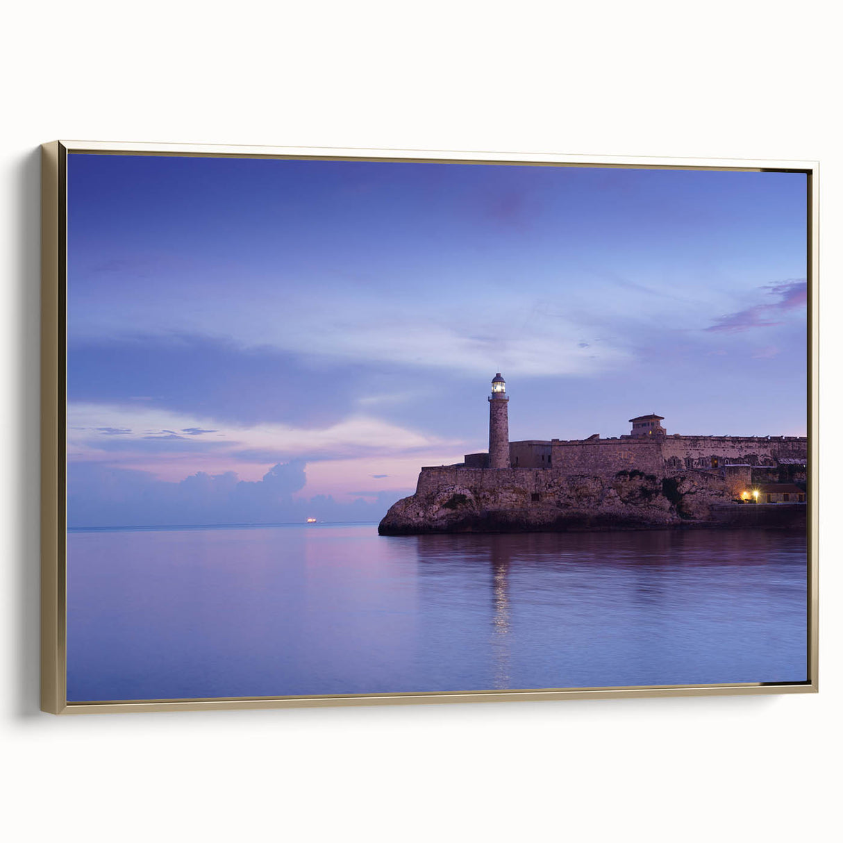 Framed canvas depicting a vintage-style Caribbean landscape in muted gold and black tones, suitable for bedroom decor.