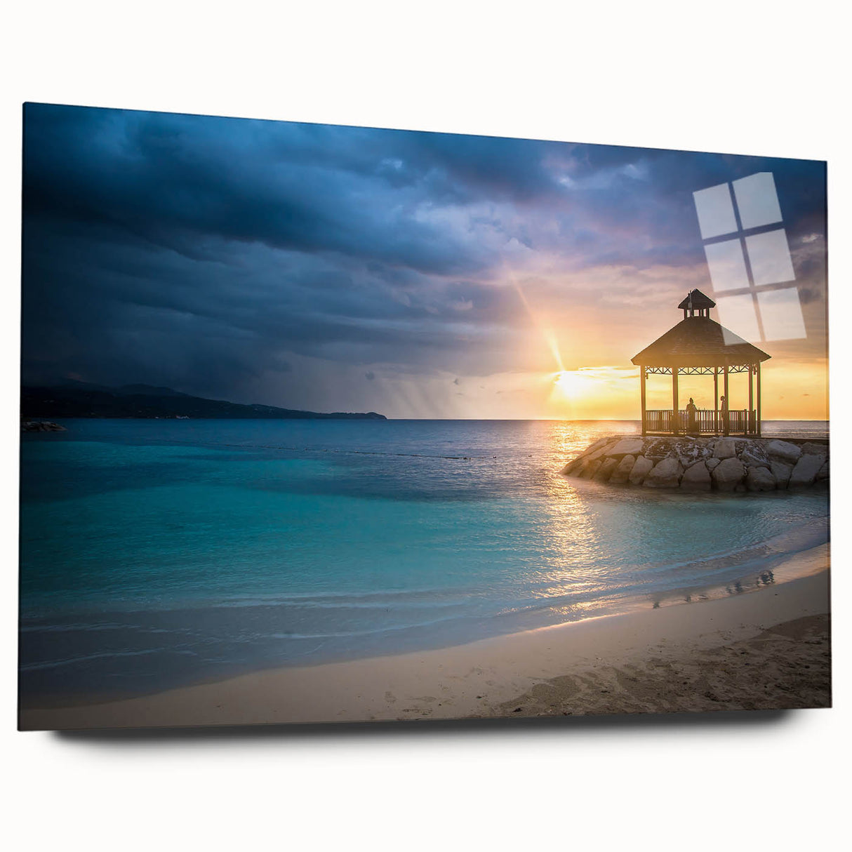 Acrylic print of a large abstract Caribbean scenery in vibrant blues and greens, ideal for bedroom or dining room art.