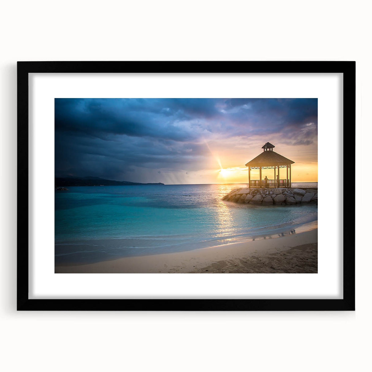 Abstract art print featuring vibrant Caribbean scenery in textured colors on a large framed canvas.