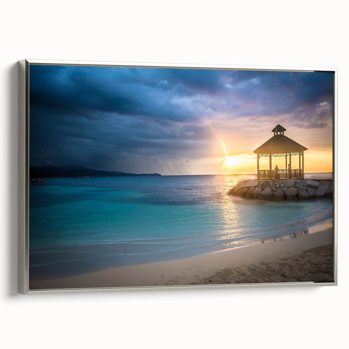 Framed canvas featuring a vintage-style Jamaican landscape in muted earth tones, ideal for bedroom wall art.