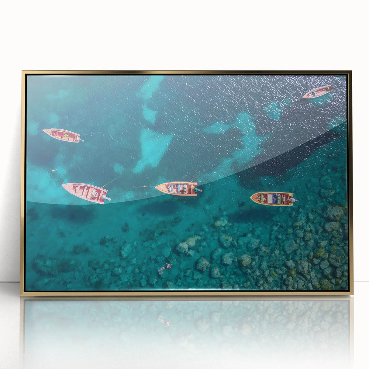 Mid-century modernist art of a Caribbean scenery in Martinique, acrylic print in gold frame, ideal for modern art wall decor.