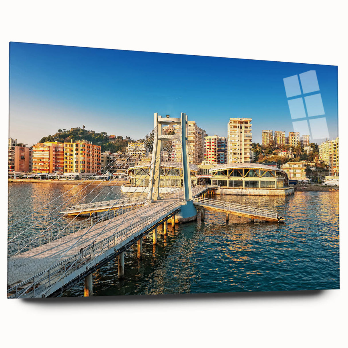 Acrylic print of a large abstract depiction of an Albanian landscape in muted earth tones.