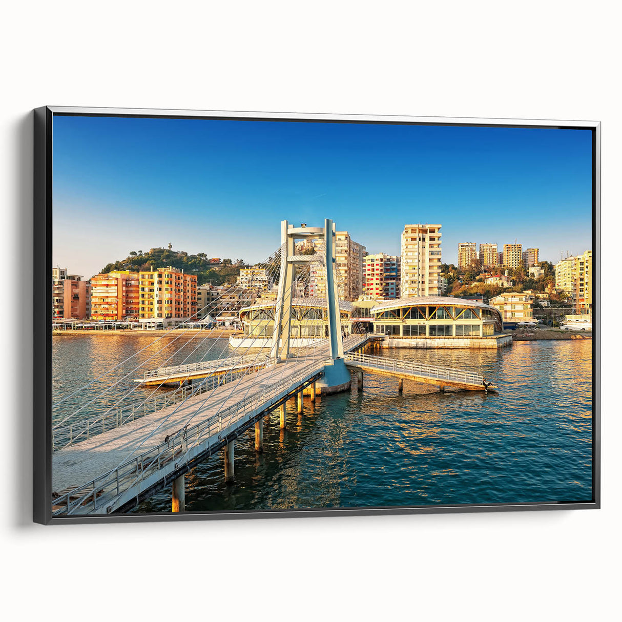 Black and white vintage poster art of an Albanian landscape on framed canvas, ideal for bedroom decor.