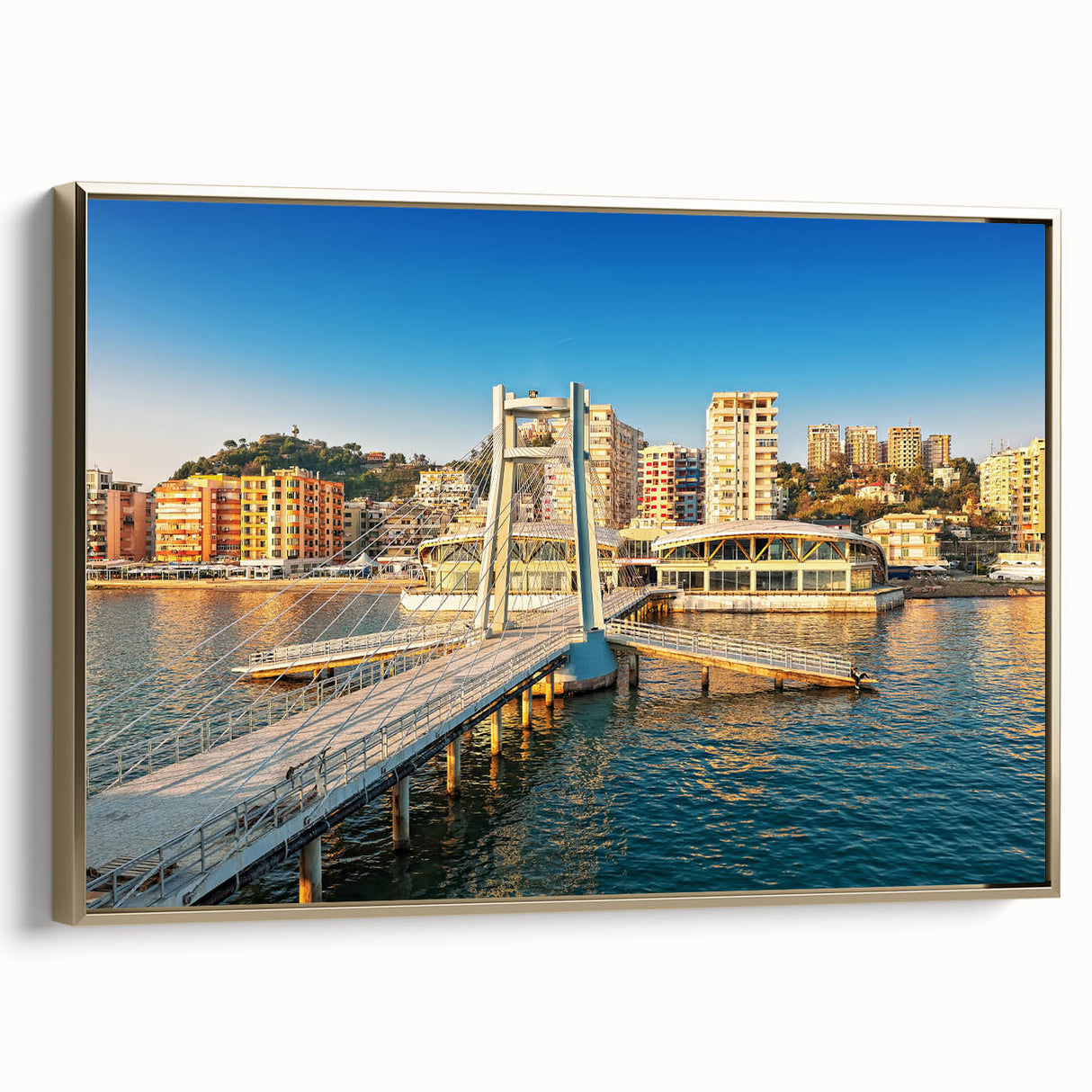 Framed canvas depicting a vintage-style Albanian landscape in muted gold and black tones, ideal for bedroom wall art.