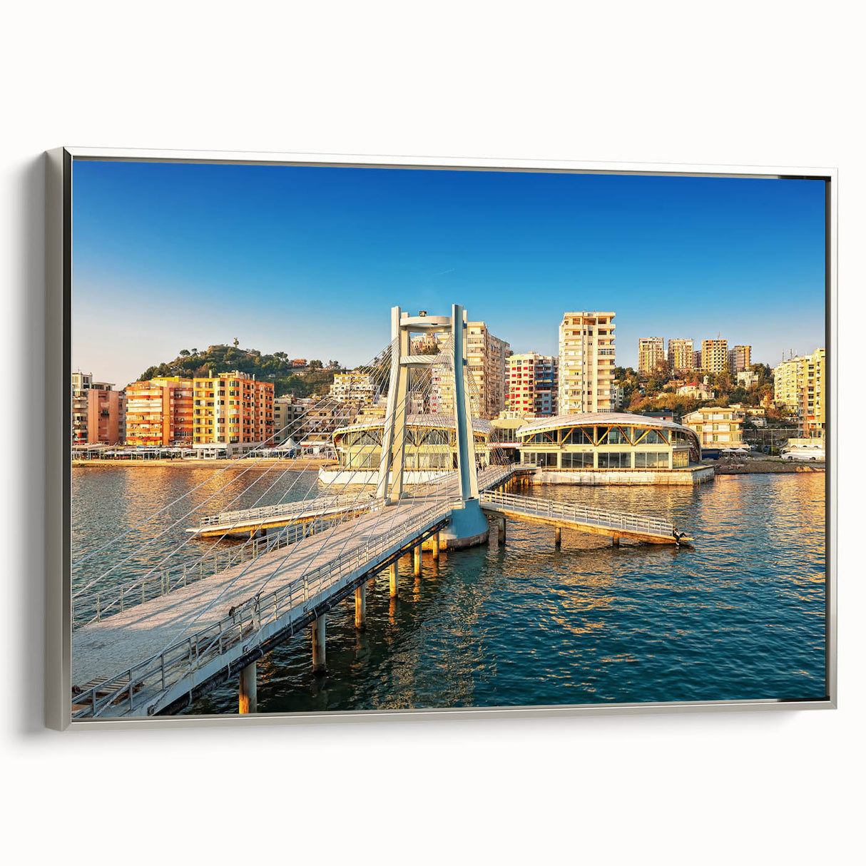 Framed canvas of a vintage-style Albanian landscape, featuring vibrant colors on a black background.