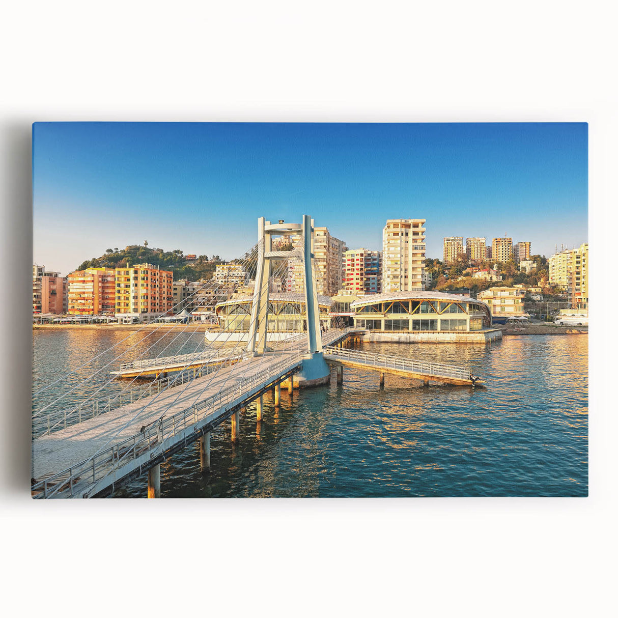 Black and white stretched canvas featuring an Albanian landscape, ideal for kitchen wall art or bedroom decor.