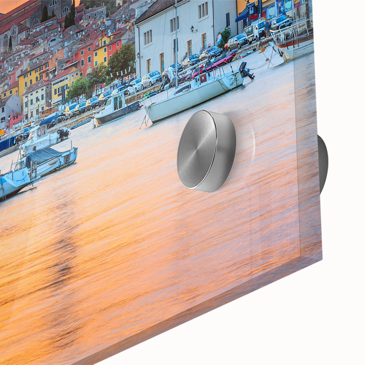 Large abstract wall art depicting a European Croatian landscape in muted earth tones on acrylic glass.