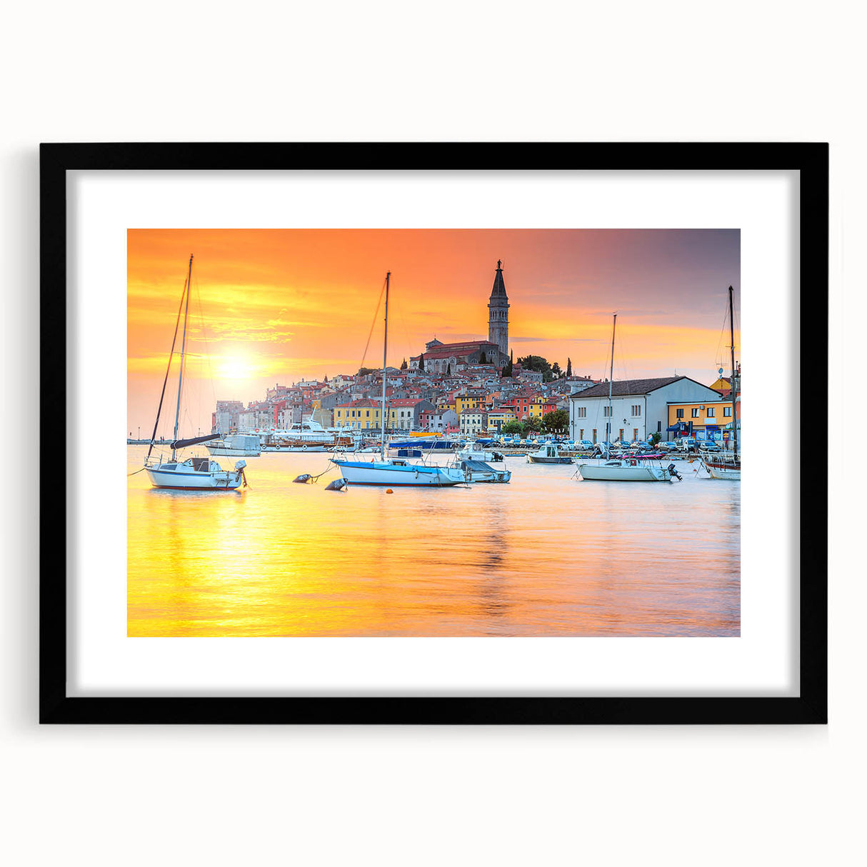 Extra large abstract art print of a colorful, textured European scenery on a black framed canvas.