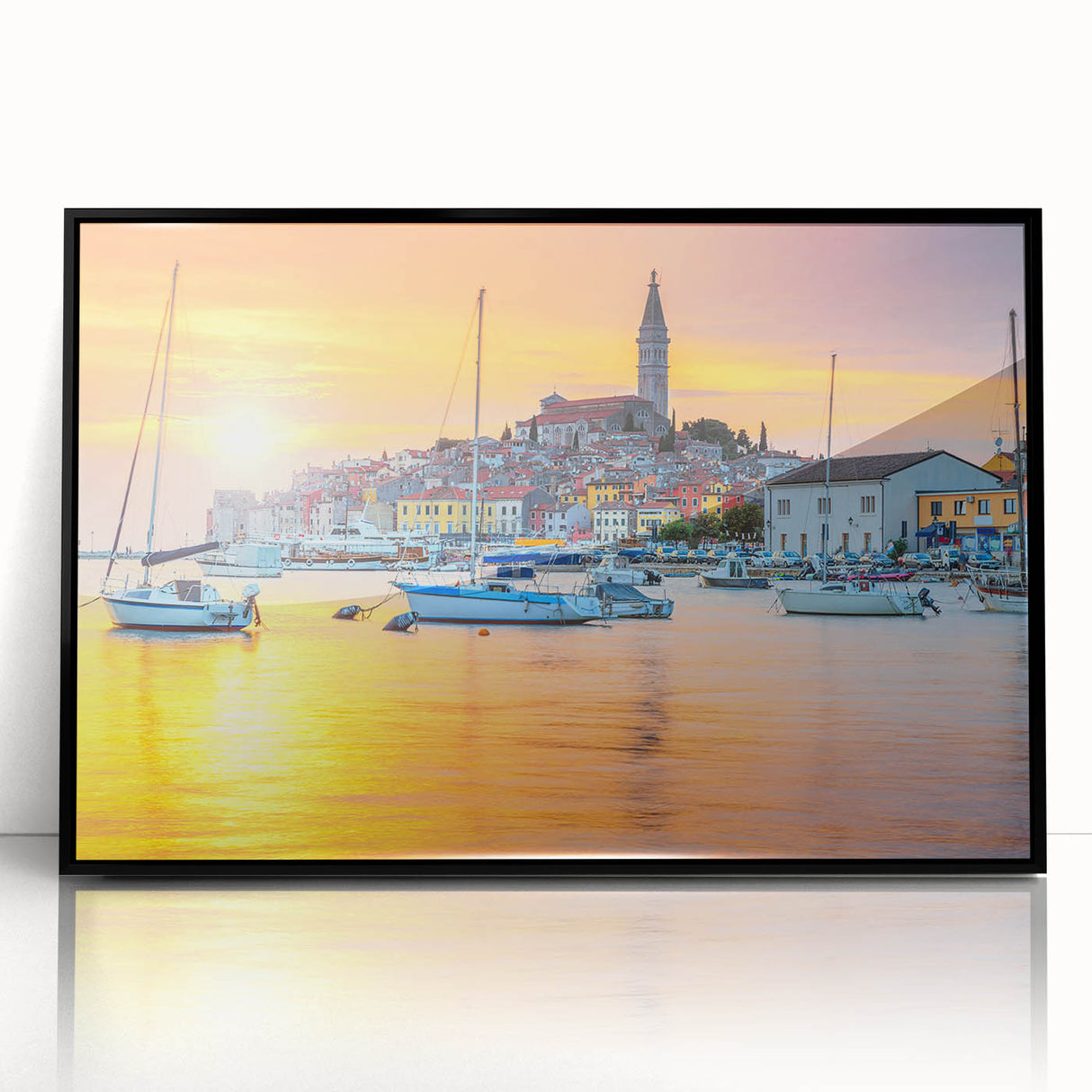 Large abstract wall art depicting a Croatian landscape in muted earth tones, framed in black acrylic.