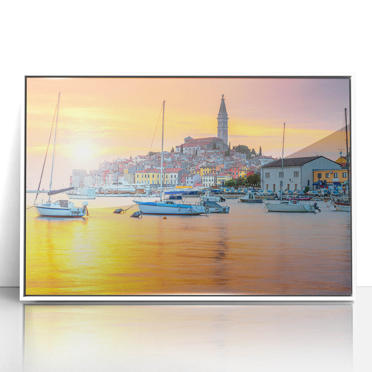 Mid-century modernist art depicting a Croatian landscape in muted earth tones on a white framed acrylic panel.