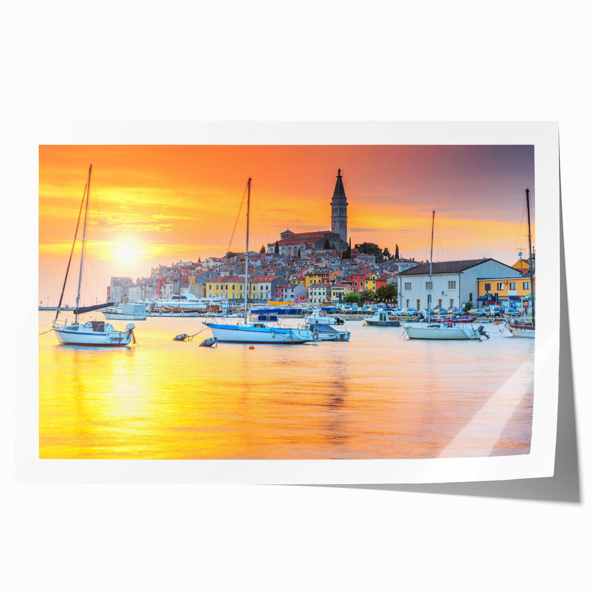 Rolled print of a Croatian landscape with vibrant green and blue tones, ideal for art wall dining room placement.