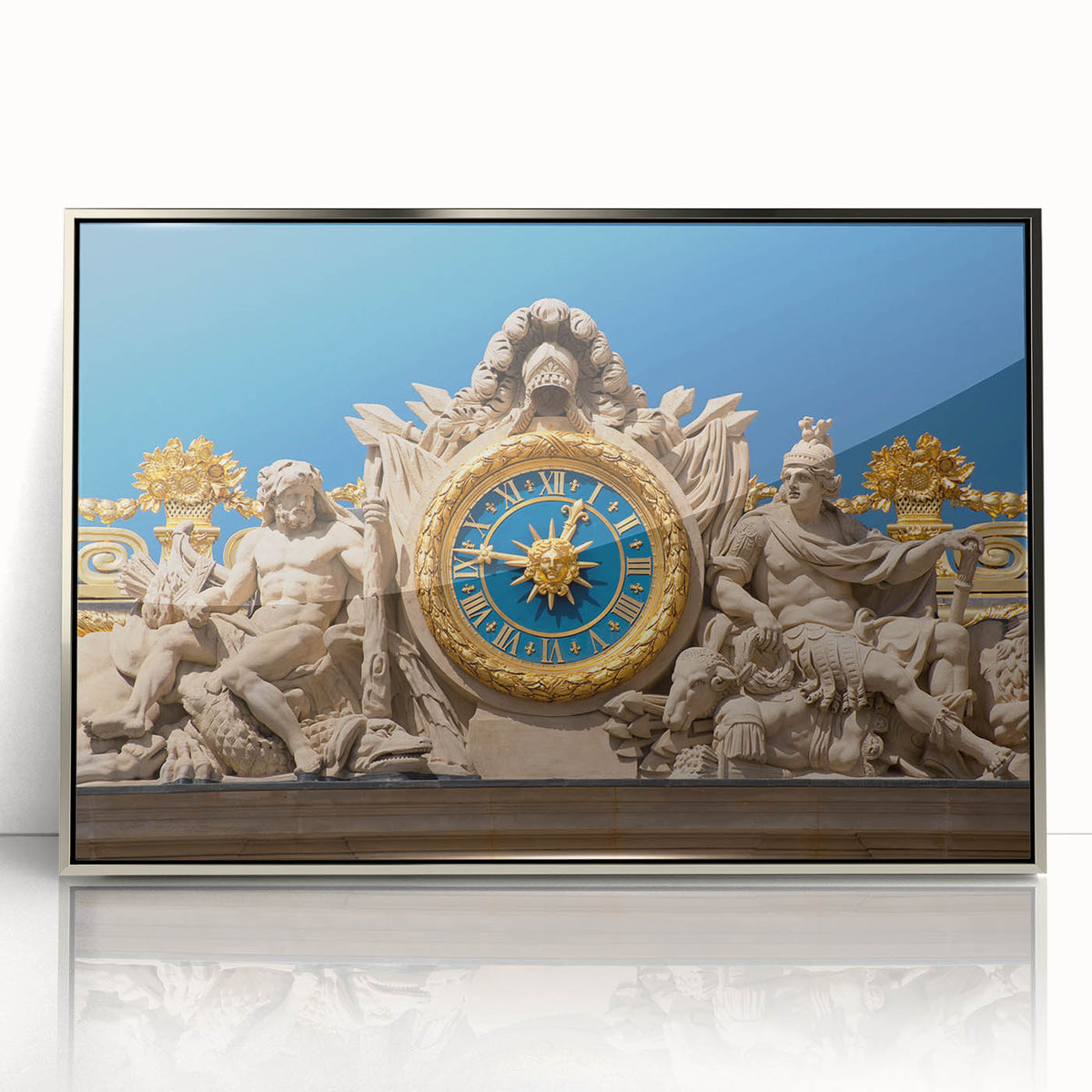 Large acrylic print of Versailles gardens in muted green and blue tones, framed in silver.