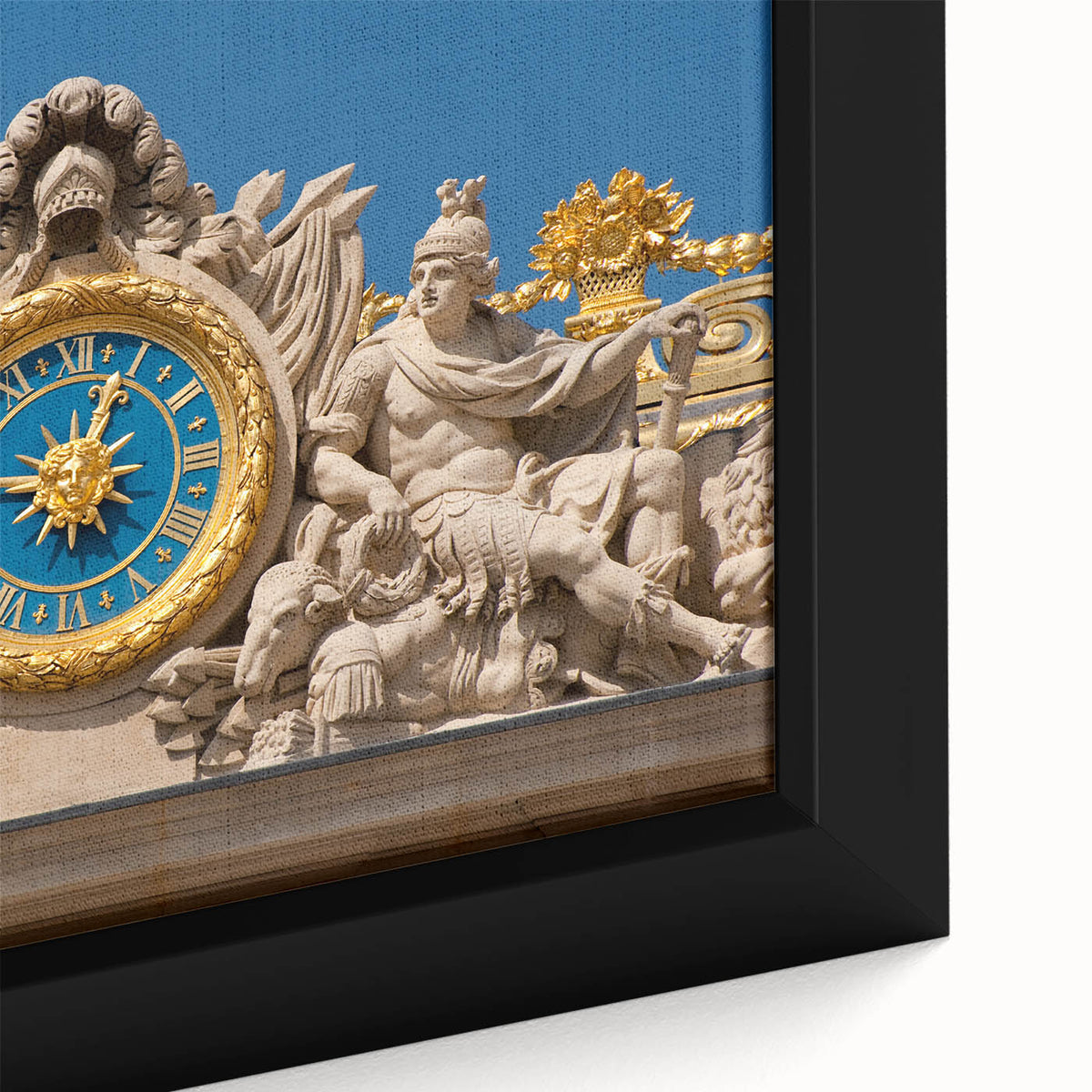 Extra large framed canvas of a textured black wall art depicting the Versailles palace, highlighted with colorful accents.