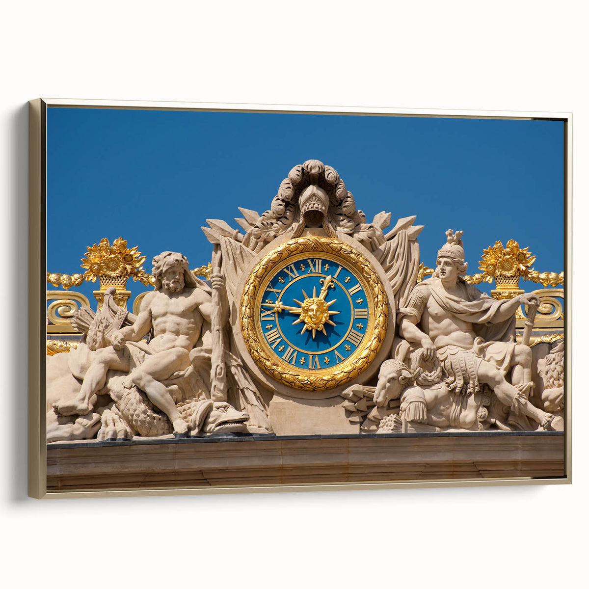 Framed canvas depicting a vintage-style landscape of Versailles in muted gold and black tones, ideal for bedroom wall art.