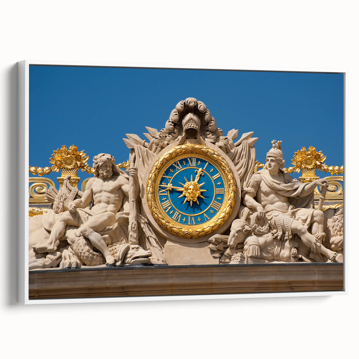 Vintage poster art of Versailles in a white framed canvas, featuring a colorful palette, ideal for living room decor.