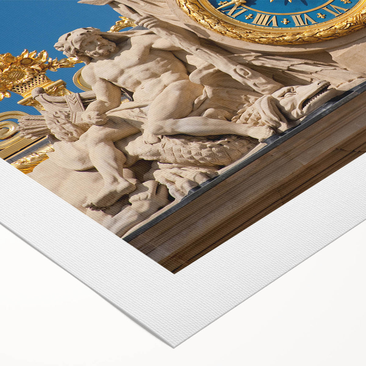 Art deco poster of the Versailles palace in subtle beige and gold tones on rolled canvas, suited for dining room walls.