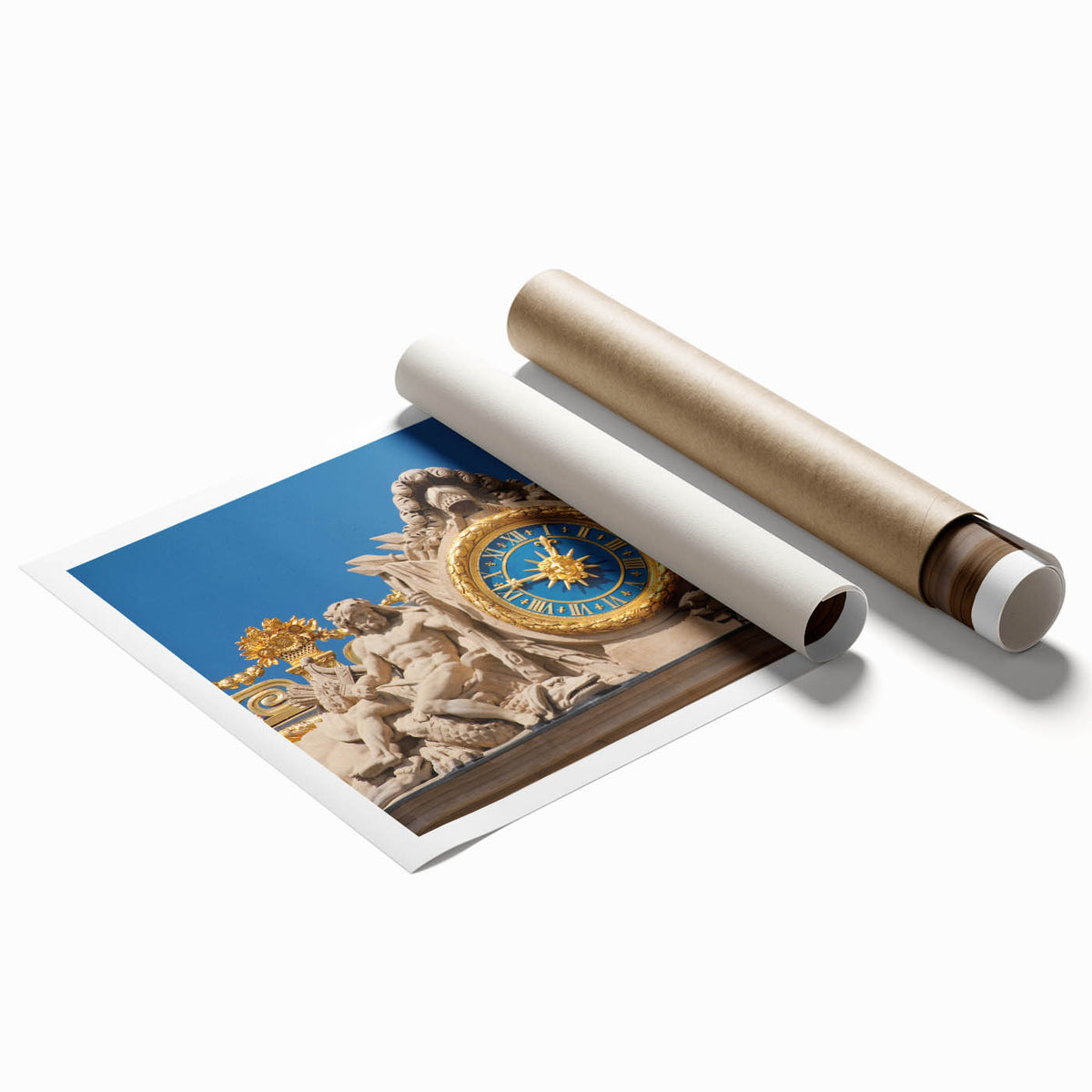 Extra large wall art featuring the Versailles gardens in muted green and blue tones on rolled canvas.