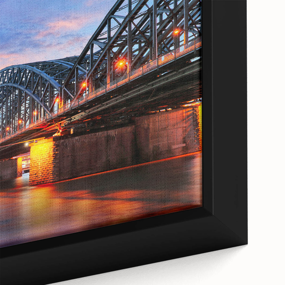 Black wall art featuring a textured, colorful European scenery on a framed canvas, ideal for living room decor.