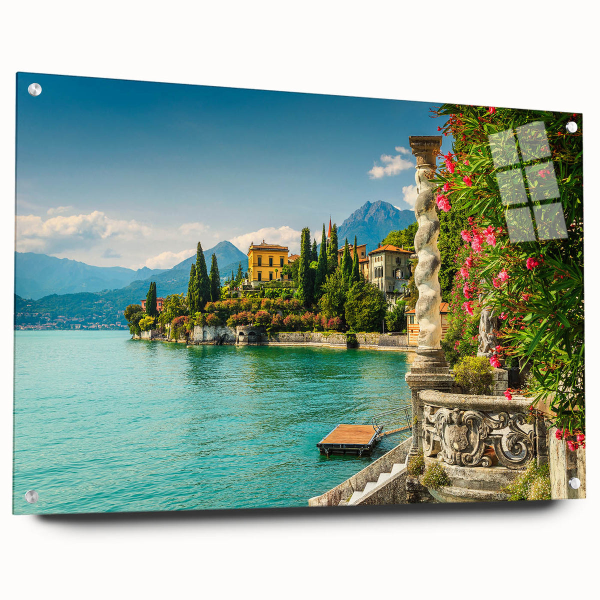 Acrylic print of Lake Como with lush greenery and blue waters, ideal for enhancing dining room decor.