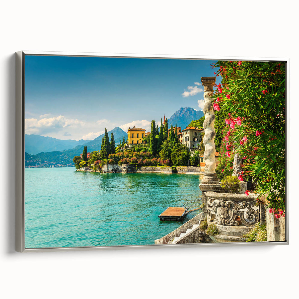 Landscape art painting of Lake Como with colorful vintage poster style on a black framed canvas, ideal for living room decor.