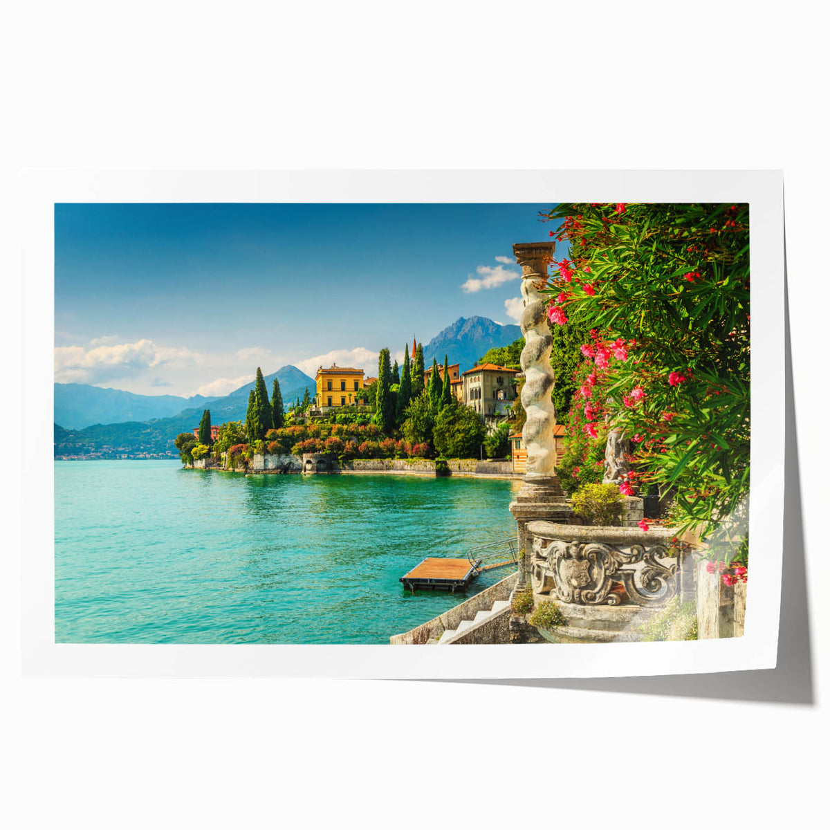 Extra large rolled print of Lake Como with vibrant green landscapes, ideal for art wall dining room.