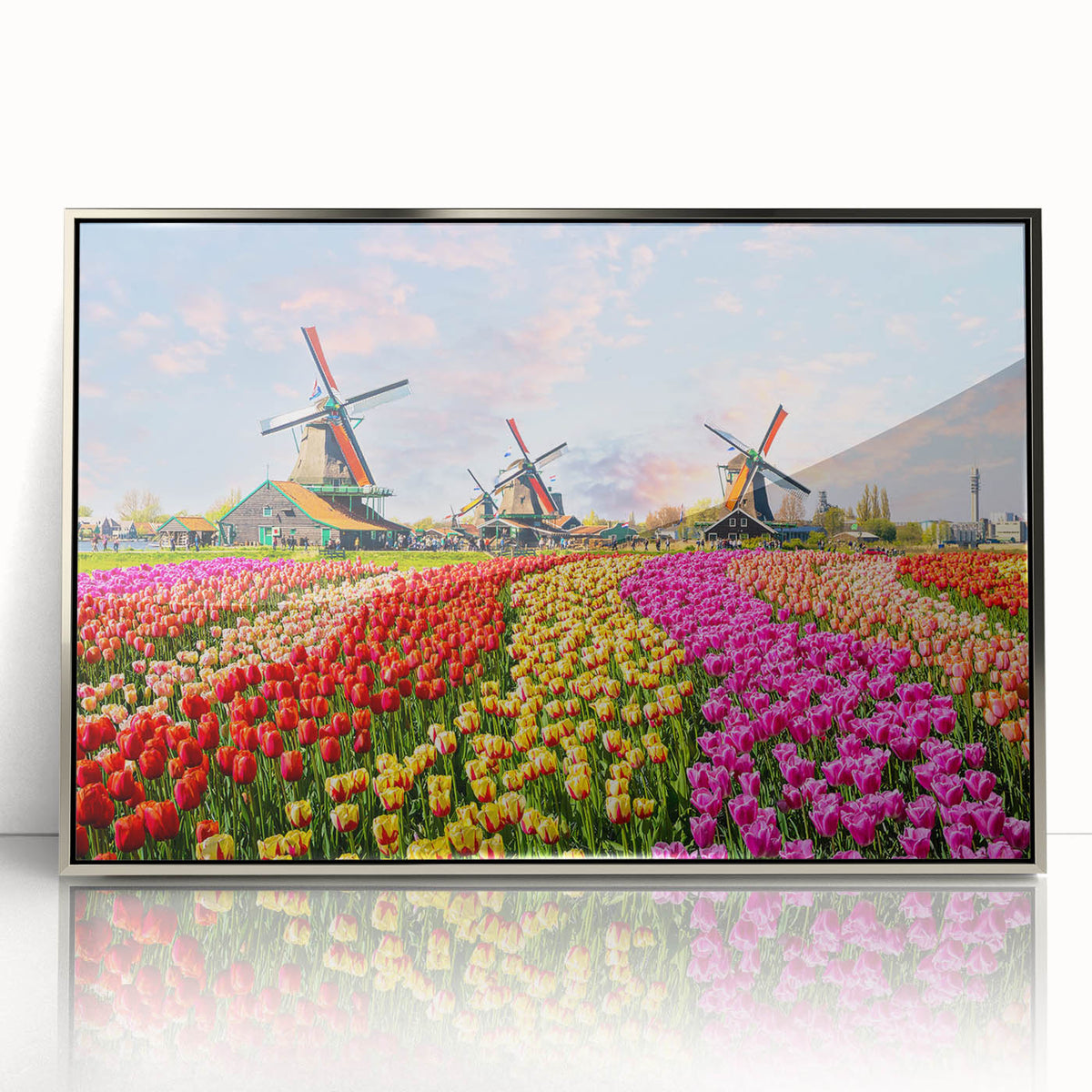 Large art print of a European scenery in the Netherlands, featuring a mid-century modernist style on silver-framed acrylic.