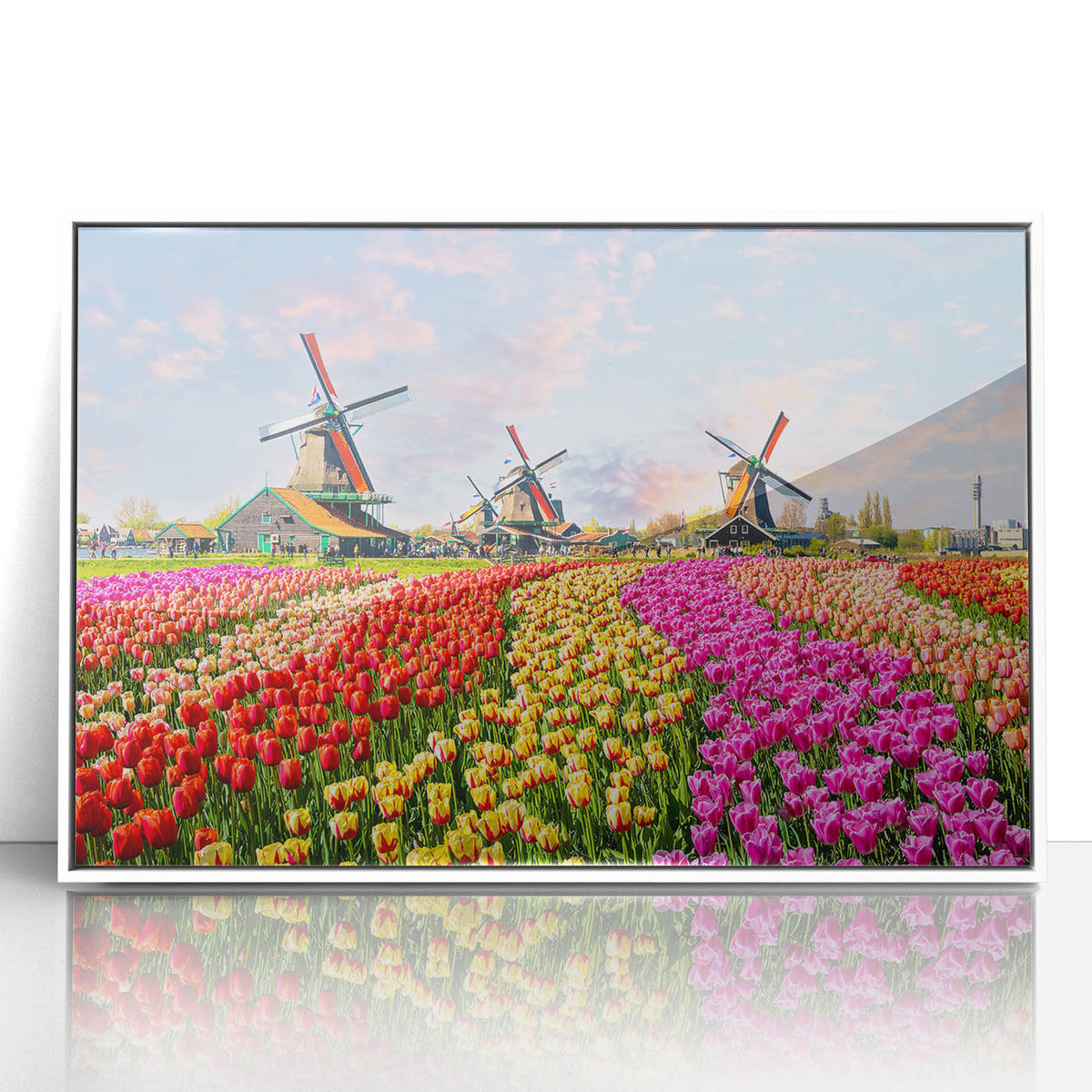 Mid-century modernist art depicting a serene European landscape in muted colors on framed acrylic.