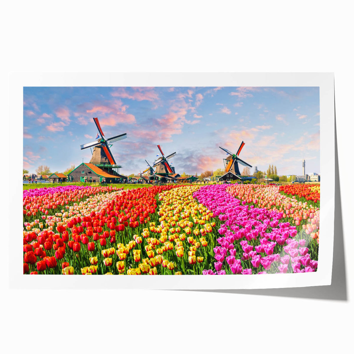 Rolled print of a European scenery with vibrant floral elements, ideal for art wall dining room.
