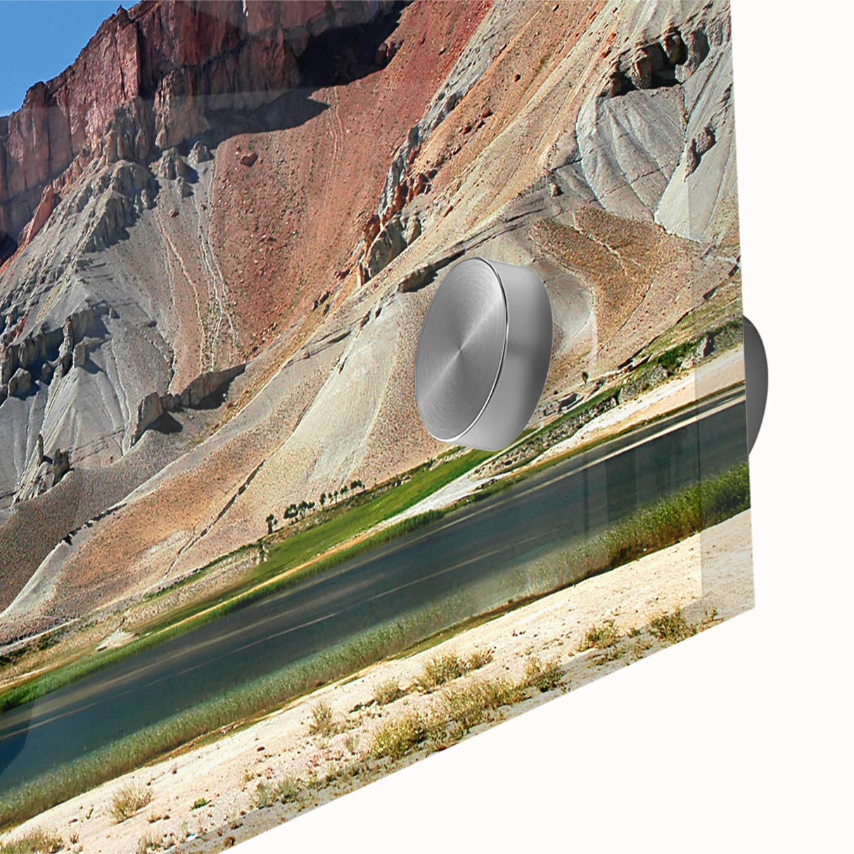 Large abstract wall art featuring a mid-century modernist Afghan landscape in muted earth tones, printed on acrylic glass.