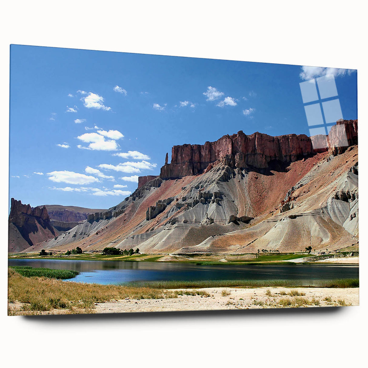 Acrylic print of a large abstract depiction of Middle Eastern scenery in muted earth tones.