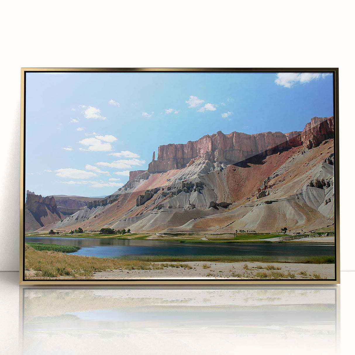 Mid-century modernist acrylic print depicting a serene Afghan landscape in muted earth tones.