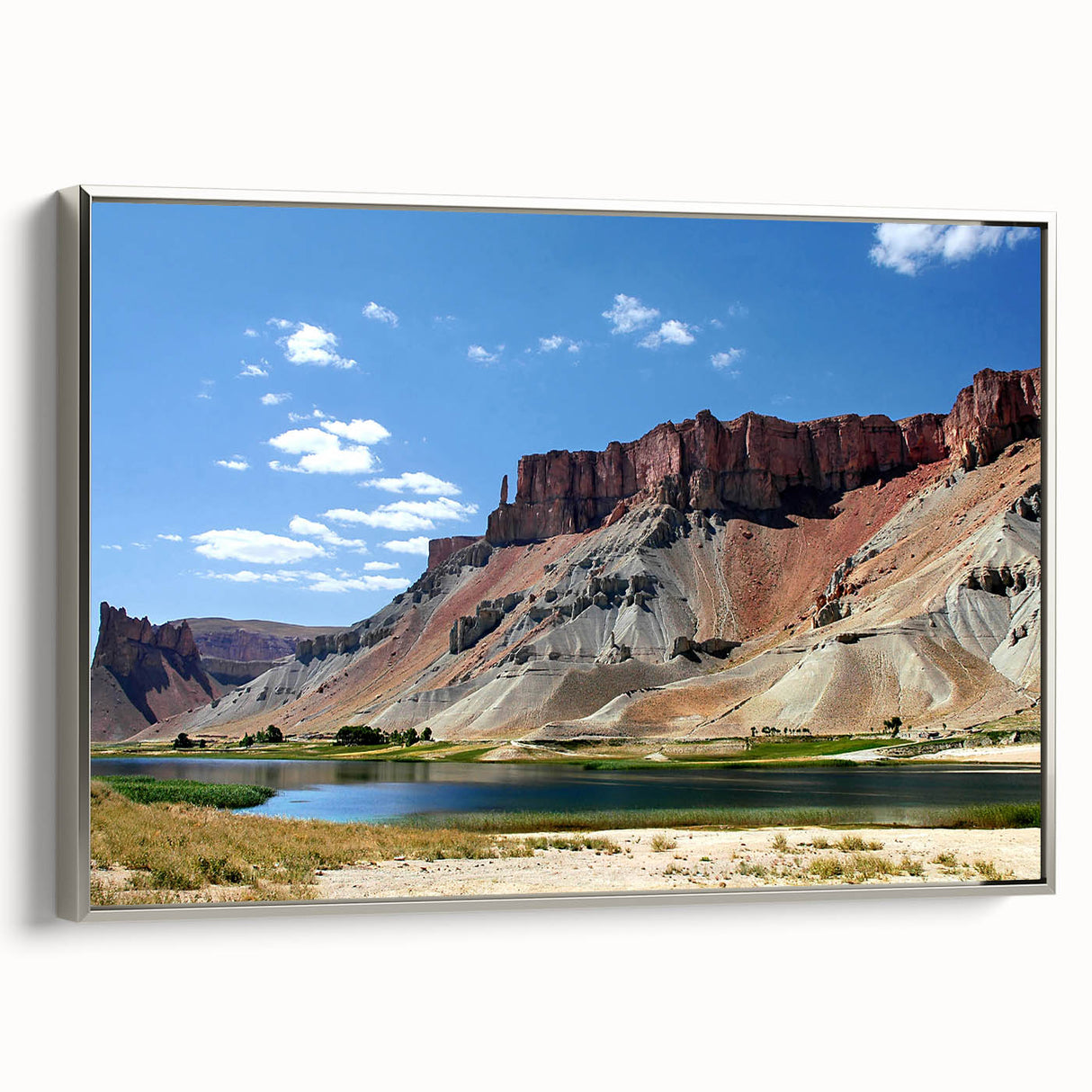 Framed canvas featuring a vintage landscape art painting of a Middle Eastern scenery in colorful hues.
