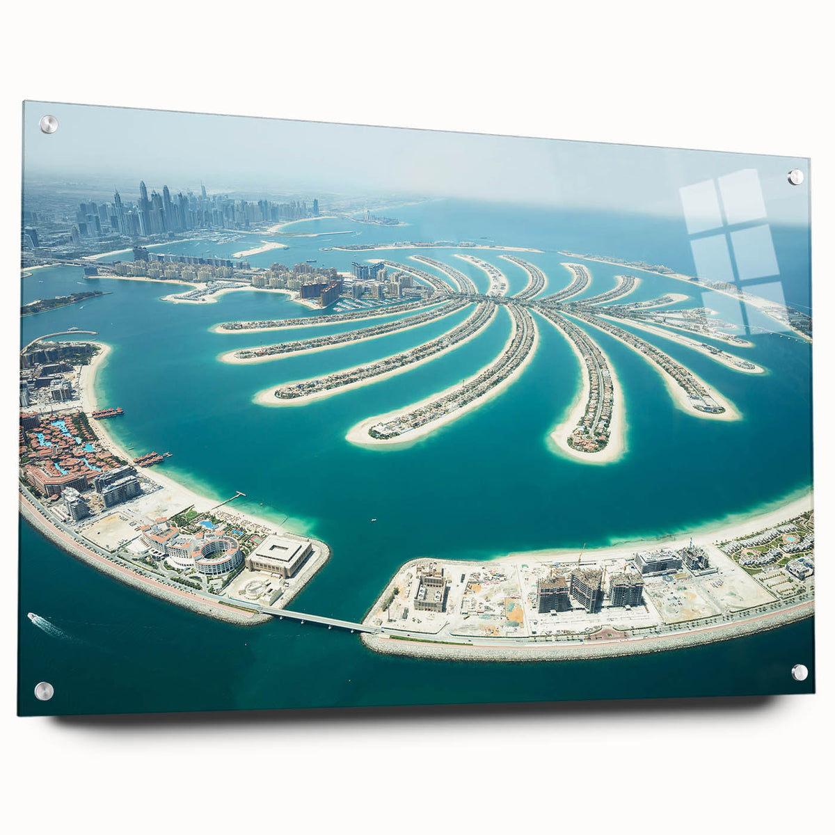 Acrylic glass print of Dubai skyline in muted gray and blue tones, suitable for bedroom or dining room decor.