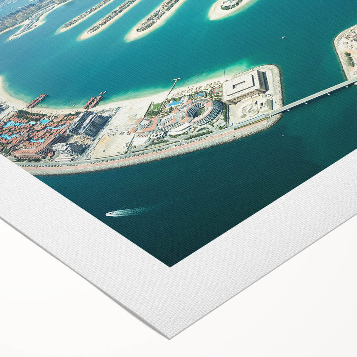 Art deco poster of Dubai skyline in muted gold and blue hues on rolled canvas, ideal for dining room wall art.