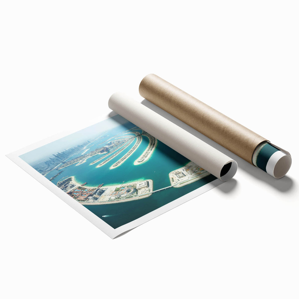 Extra large rolled print featuring a Dubai cityscape with vibrant colors, perfect for classy bathroom wall art.