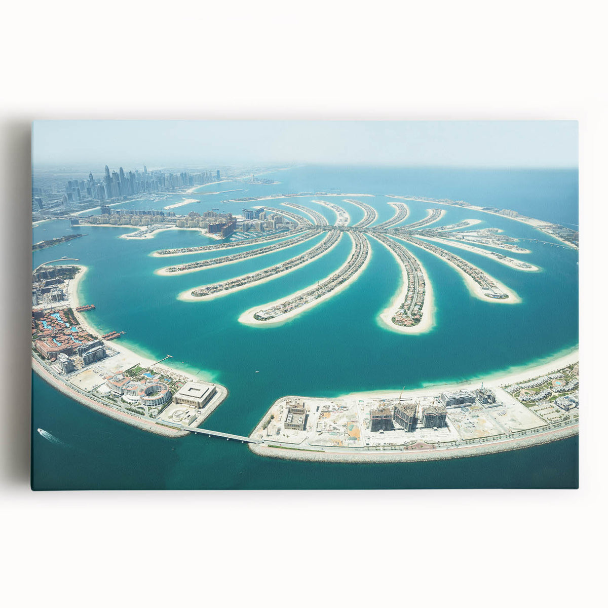 Black and white stretched canvas of Dubai skyline, ideal for kitchen wall art.