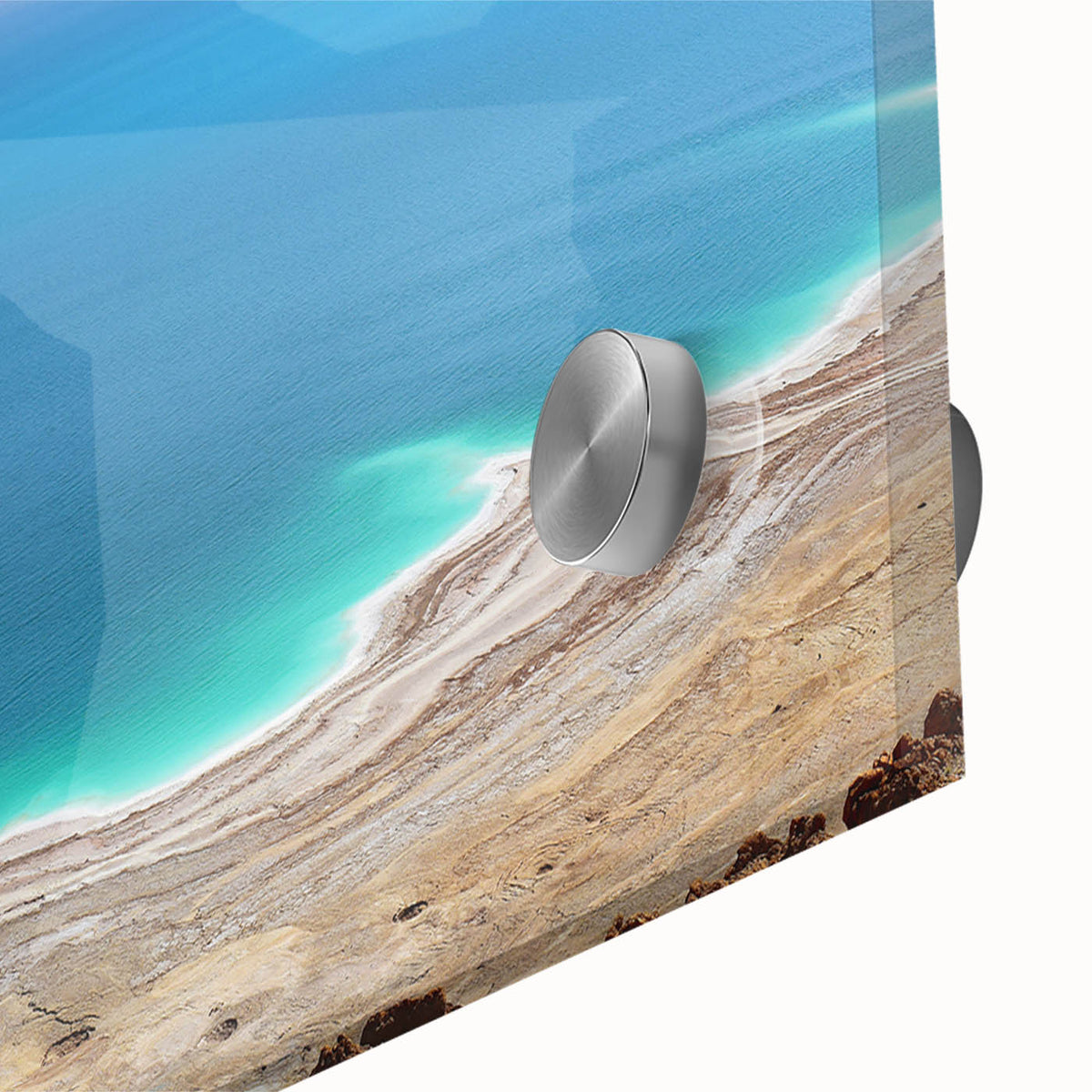 Large abstract depiction of the Dead Sea in muted blues and grays on acrylic glass.