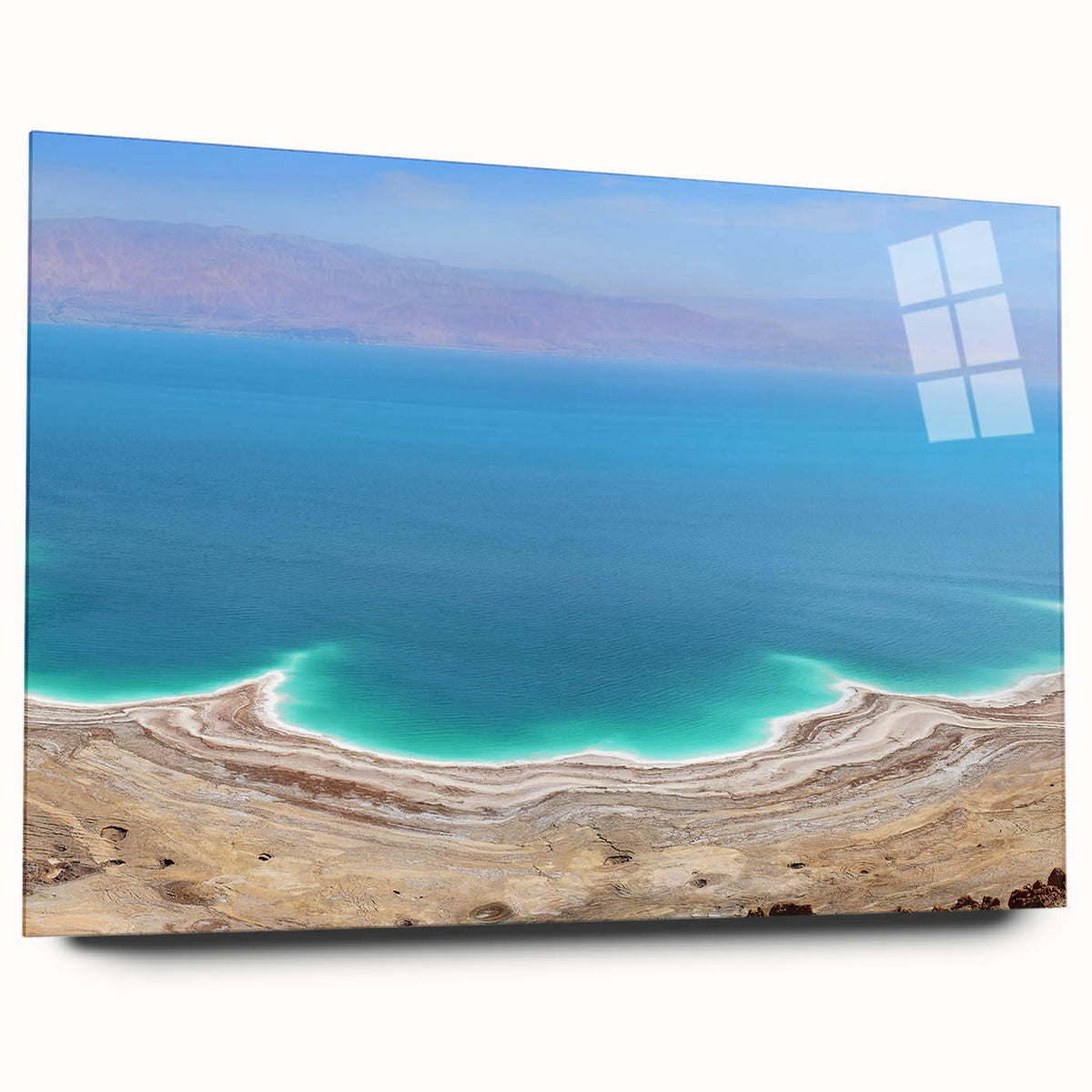 Acrylic print of the Dead Sea in muted blues and grays, ideal for bedroom or dining room art.