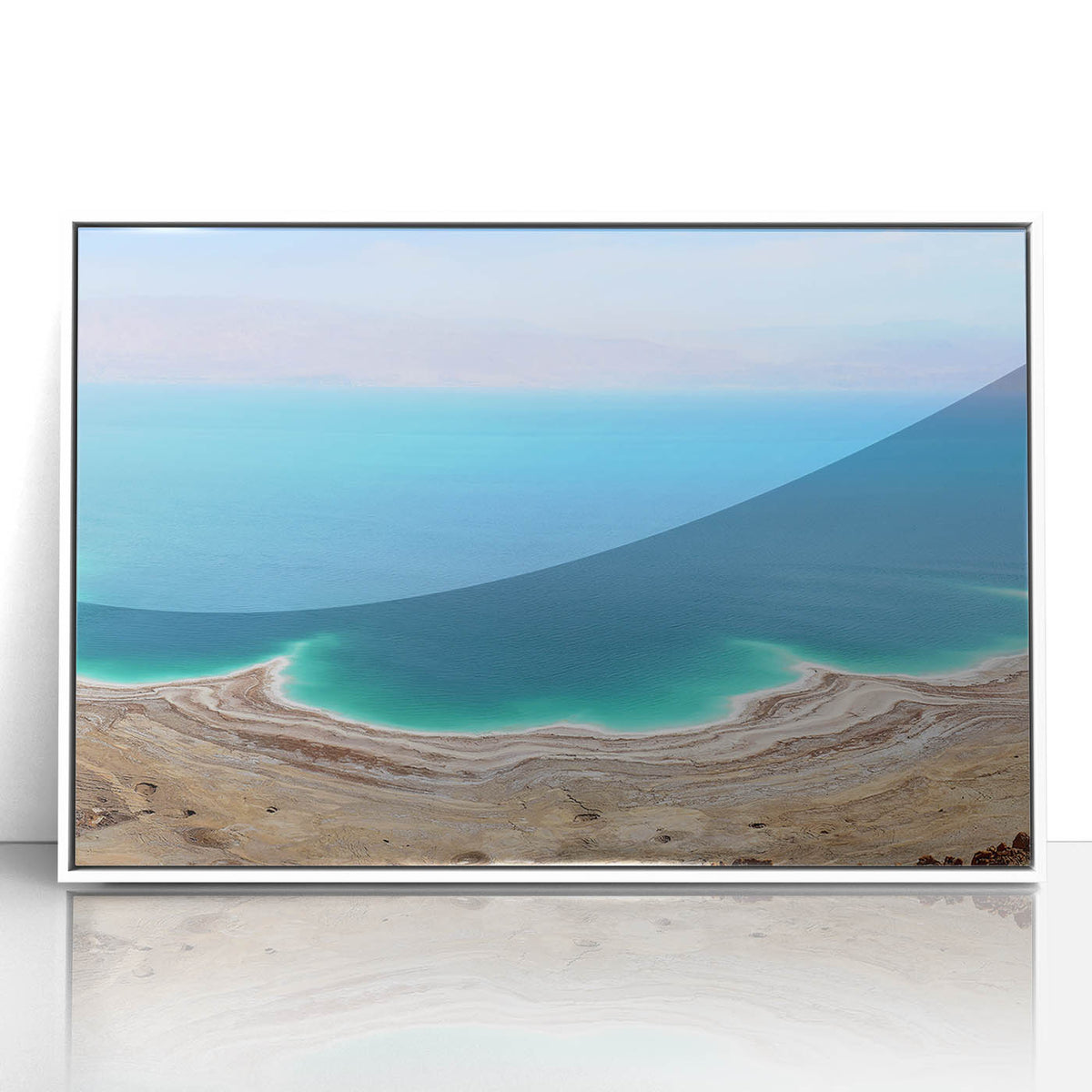 Acrylic print of the Dead Sea with soft blue and white tones in an art deco style, suitable for modern nursery wall decor.
