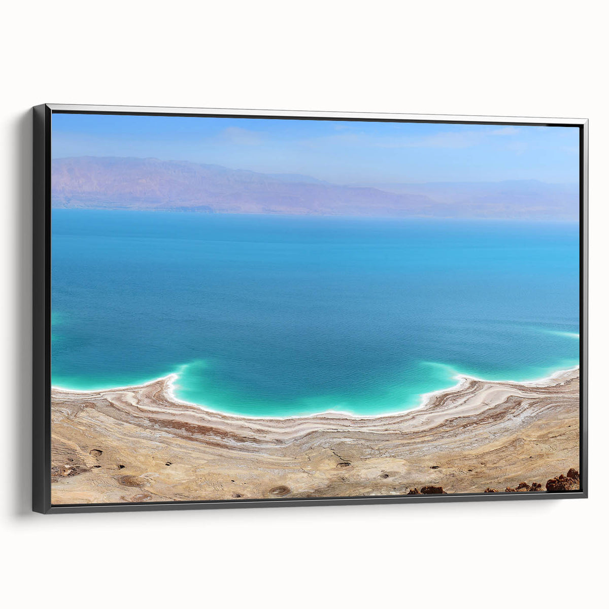 Black and white framed canvas of the Dead Sea landscape, ideal for bedroom wall art in a vintage style.