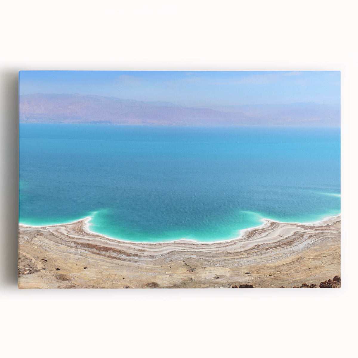Black and white stretched canvas of the Dead Sea, ideal for kitchen wall art.