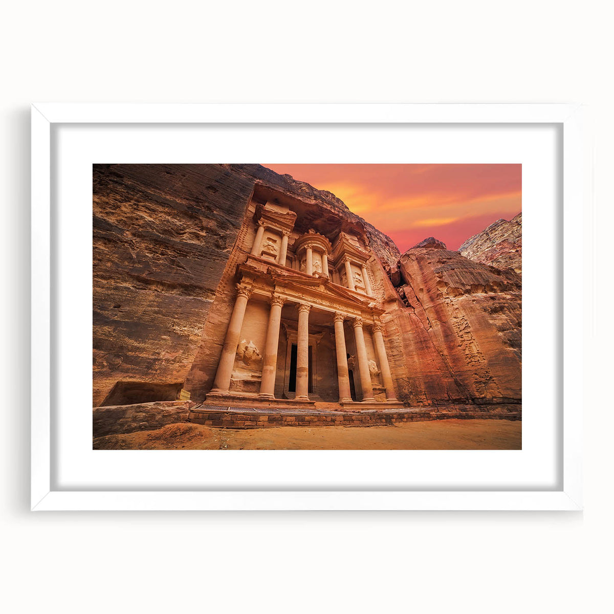 Abstract art print of a Middle Eastern desert scene in soft beige and brown tones on a white framed canvas.