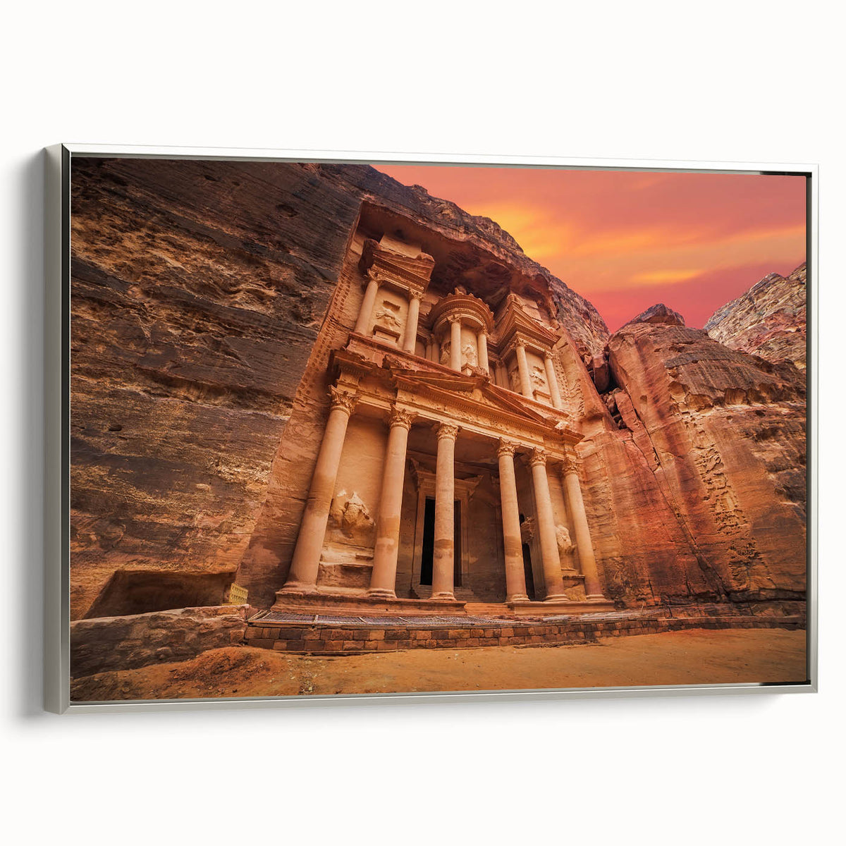 Framed canvas featuring a vintage-style landscape art painting of Jordan, with a palette of black and colorful hues.