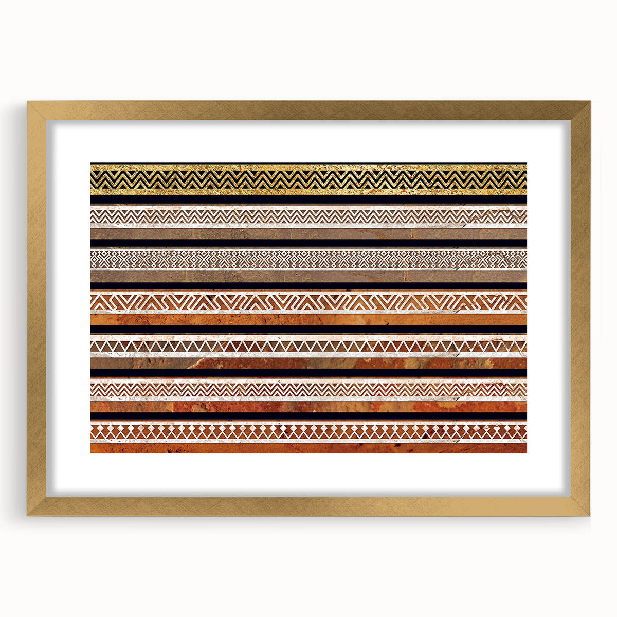Abstract textured art print of Middle Eastern scenery in gold frame, ideal for extra large wall art in a living room.