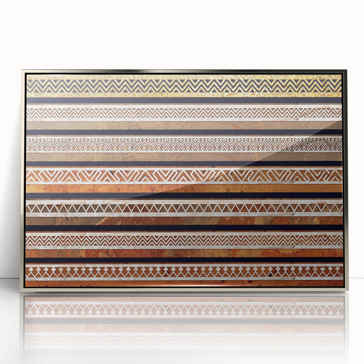 Mid-century modernist art depicting Omani landscape in muted earth tones on a framed acrylic print.