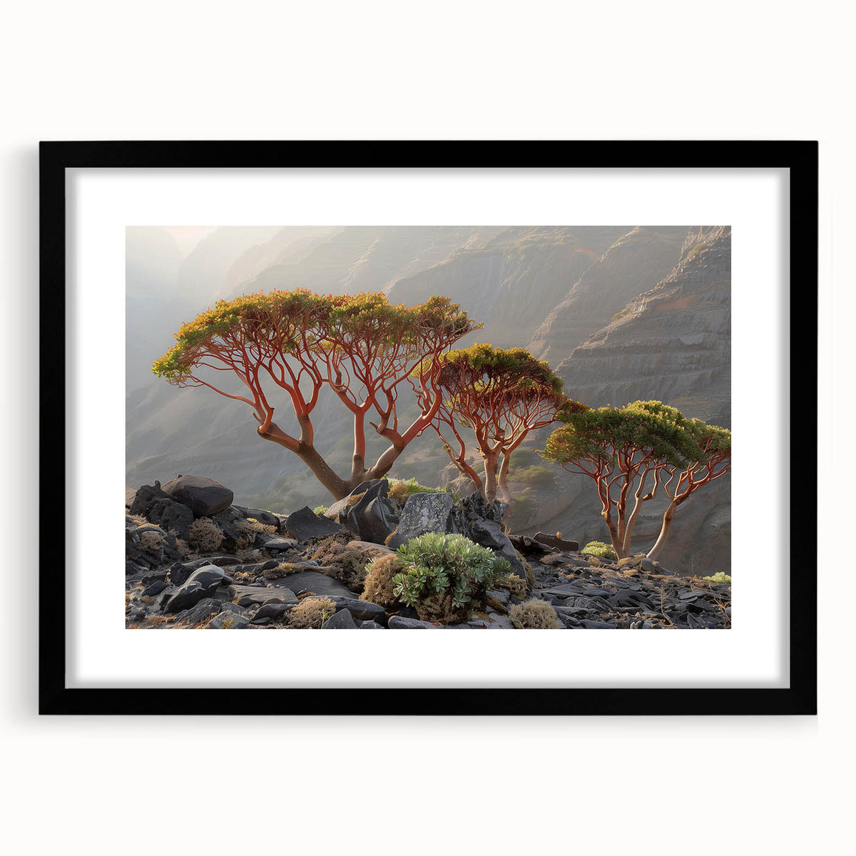 Abstract art print featuring textured, colorful Middle Eastern scenery on a large black-framed canvas.